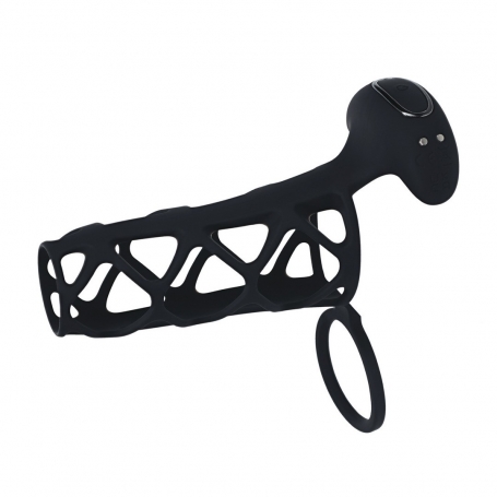 FUNDA DE SILICONA PARA EL PENE CON VIBRACIÓN Y ANILLO PARA LOS TESTÍCULOS NEGRO LEVELZ 