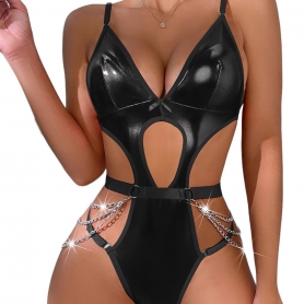 DE NAMOUR FAUX LEATHER CUT-OUT SULTRY TEDDY WITH CHAINS BLACK
